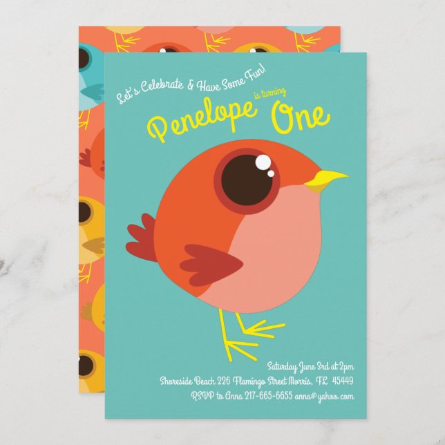Cute Birds Kids 1st Birthday Party Invitation (Front/Back)