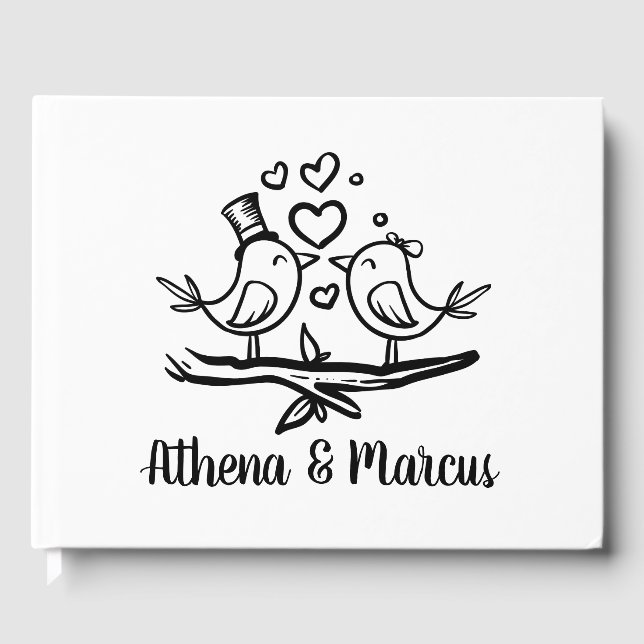 Cute Birds Lovebird Black White Wedding Guest Book (Front)