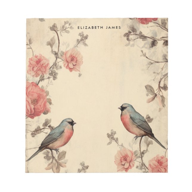 Cute Birds Lover Vintage Valentines Day Personised Notepad (Front)