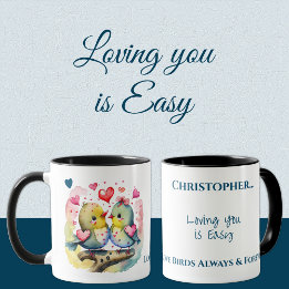 Cute birds loving you personalised name blue mug