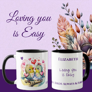Cute birds loving you personalised name purple mug
