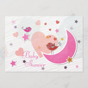 Cute Birds Moon and Stars Girl Baby Shower Invitation