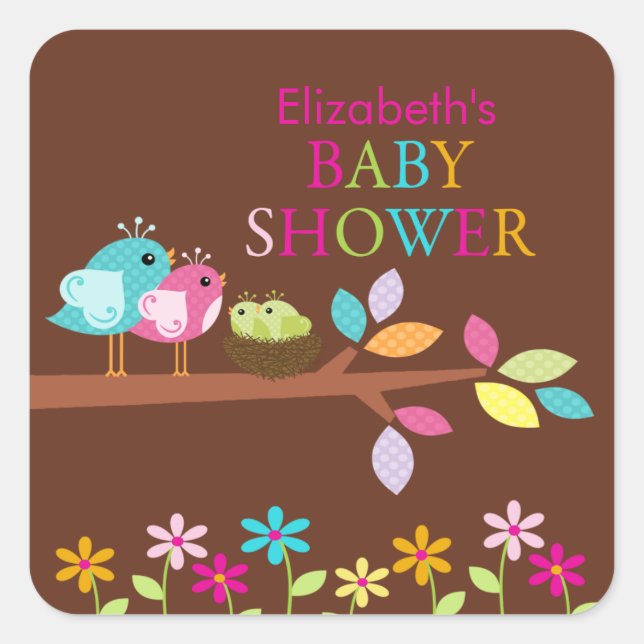 Cute Birds Nest Thank You Twins Baby Shower Square Sticker (Front)