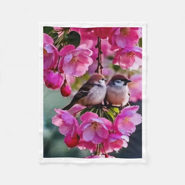 Cute Birds on Pink Cherry Blossom Trees Fleece Bla Blanket (Front)