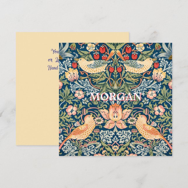 Cute Birds, Strawberry Thief Art, Name & Message Invitation (Front/Back)