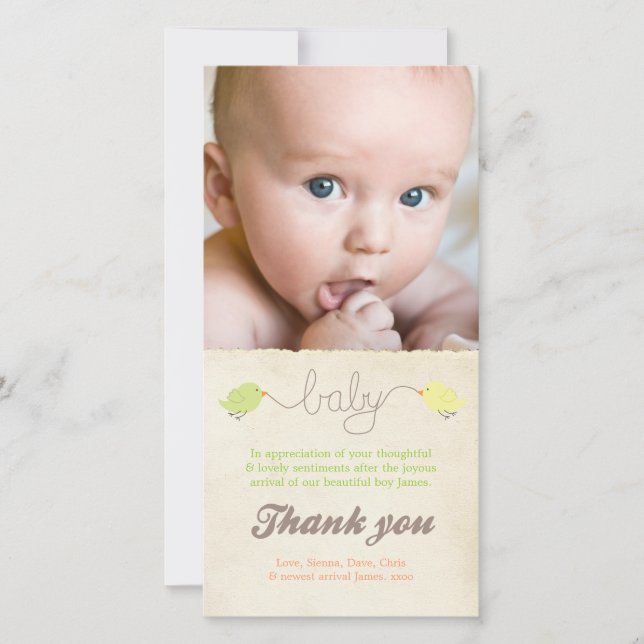 Cute Birds Thank You Note Baby Photo Template (Front)