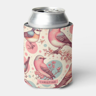 Cute Birds Vintage Painting Can Cooler