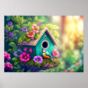 Cute Birdwatchers Birdhouse Illustration Poster