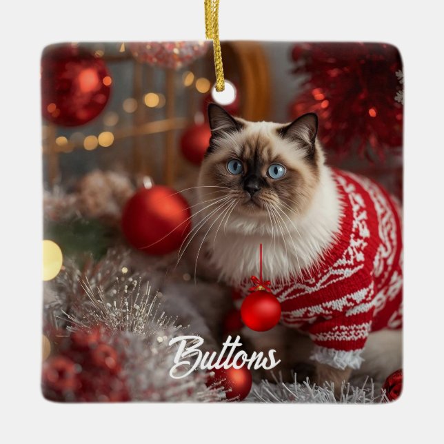 Cute Birman Cat Christmas Personalised Ornament (Front)