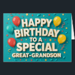 Cute Birthday Balloons Card for Great Grandson<br><div class="desc">Celebrate your great-grandson’s big day with this adorable birthday card featuring colourful balloons, confetti, streamers and a cheerful teal background. The playful design is perfect for boys of any age—whether he's turning 5 or 25. Inside, personalise your message to add a heartfelt note from his "favourite" Great Grandparent, a funny...</div>
