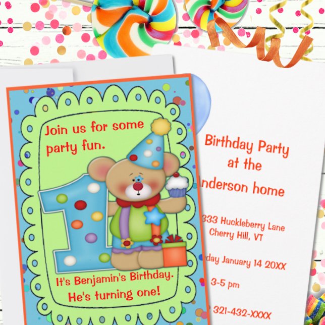 Cute Birthday Bear Age 1 Invitation (Creator Uploaded)