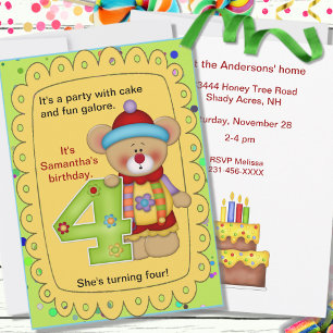 Cute Birthday Bear Age 4 Invitation