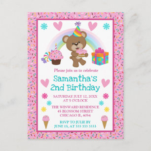 Cute Birthday Bear & Rainbow & Cake Postcard