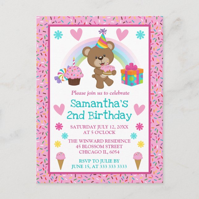 Cute Birthday Bear & Rainbow & Cake Postcard (Front)