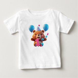 Cute Birthday Bear With Party Hat And Balloons Baby T-Shirt