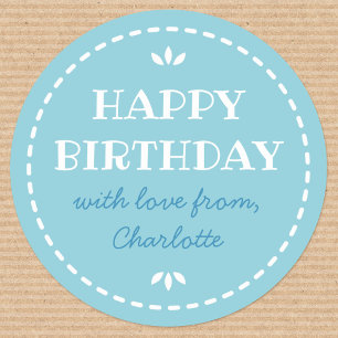 Cute Birthday Blue Custom Name Classic Round Sticker