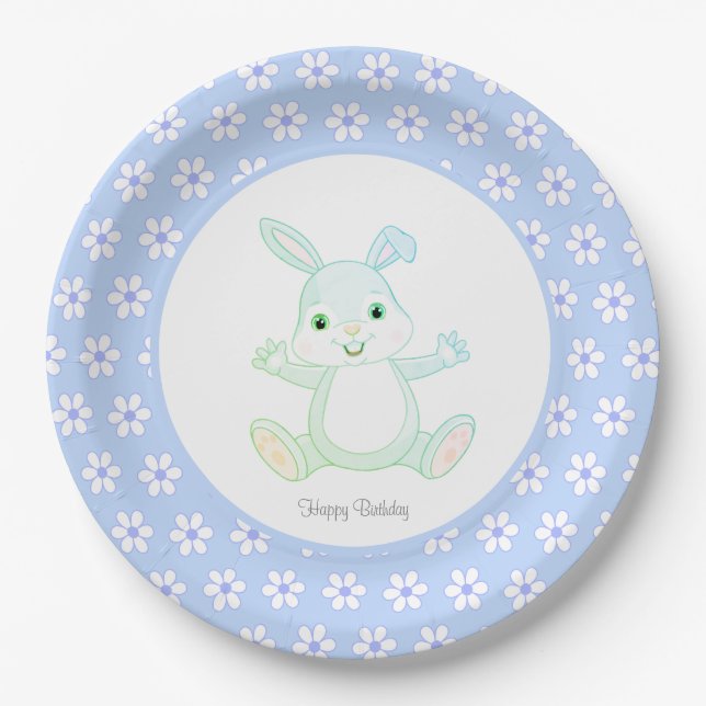 Cute Birthday Bunny & Flowers on Light Blue Paper Plate (Front)