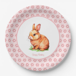 Cute Birthday Bunny & Flowers on Light Pink Paper  Plate