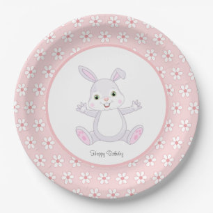 Cute Birthday Bunny & Flowers on Light Pink Paper Plate