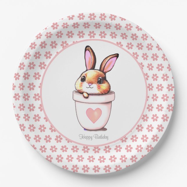 Cute Birthday Bunny Plant Pot & Flowers on White Paper Plate (Front)
