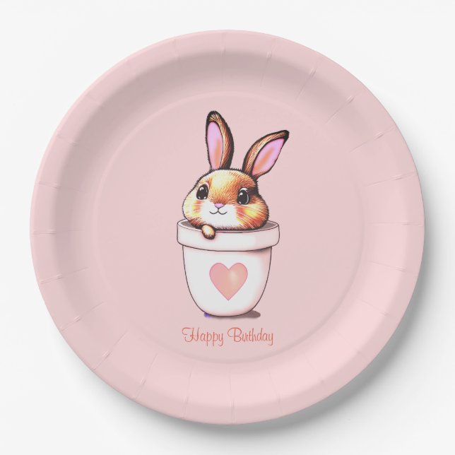 Cute Birthday Bunny Plant Pot on Light Pink Paper Plate (Front)