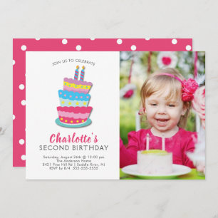Cute Birthday Cake 2nd Birthday Invitation