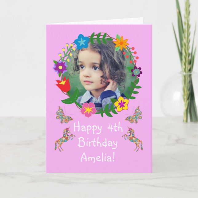 Cute Birthday Card Kids Butterflies Unicorns Photo (Front)
