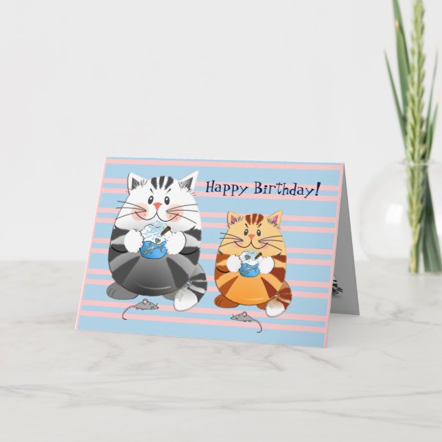 Cute birthday card with cupcakes eating cats (Front)