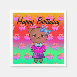 Cute Birthday Cat with Adorable Paw Prints Napkin