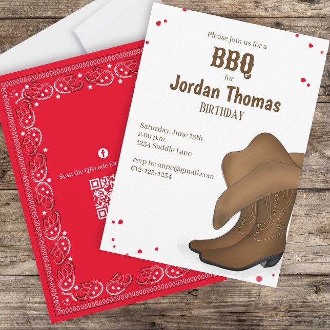 Cute Birthday Cowboy BBQ QR Code Social Media Invitation (Creator Uploaded)