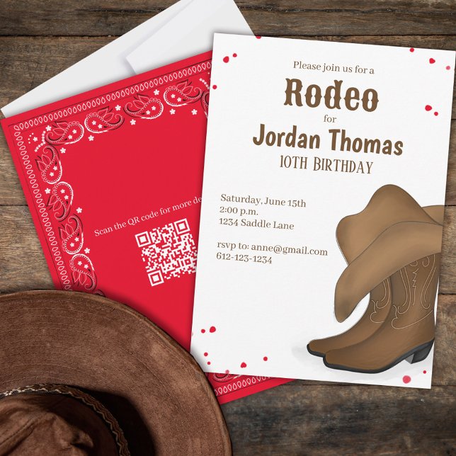 Cute Birthday Cowboy Rodeo Red Bandanna QR Code Invitation (Creator Uploaded)