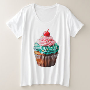 Cute Birthday Cupcake Dessert Illustration Clipart Plus Size T-Shirt