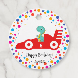 Cute Birthday Dinosaur race car boy red racing nam Favour Tags