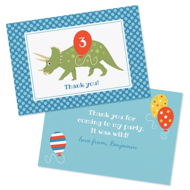 Cute Birthday Dinosaur Triceratops Custom Blue Thank You Card (Creator Uploaded)