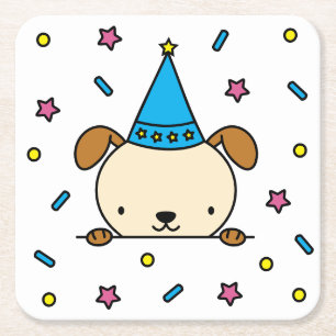 Cute Birthday Dog with Confetti Pattern Square Paper Coaster