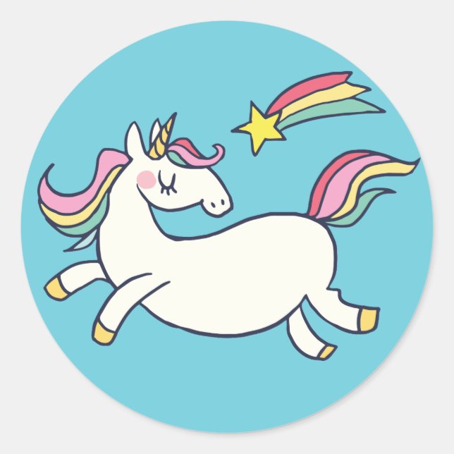 Cute Birthday Doodle Rainbow Unicorn and Stars. Classic Round Sticker (Front)