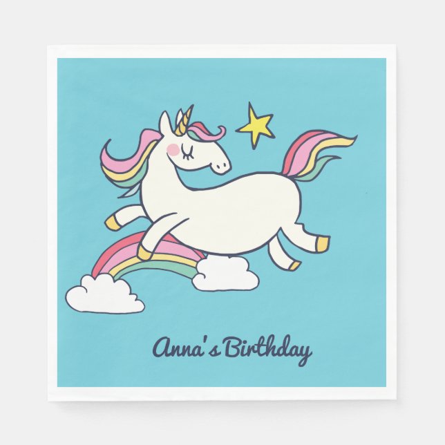 Cute Birthday Doodle Rainbow Unicorn Stars Clouds Napkin (Front)