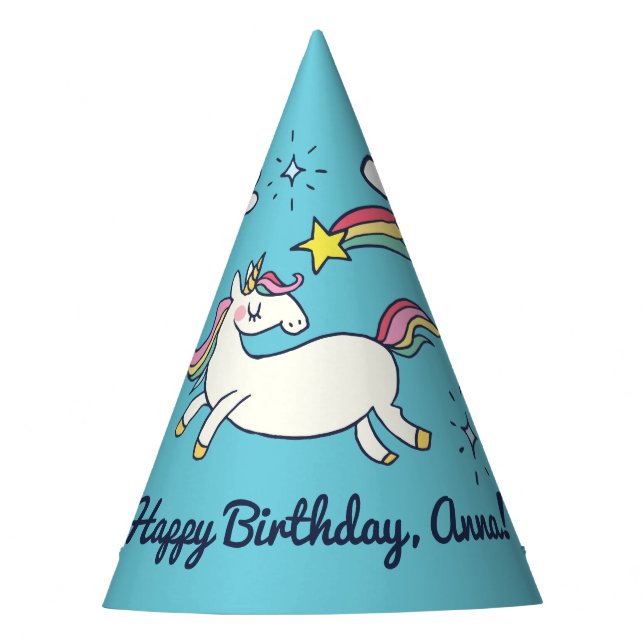 Cute Birthday Doodle Rainbow Unicorn Stars Clouds Party Hat (Front)