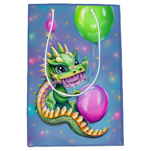 Cute Birthday Dragon with Balloons Medium Gift Bag