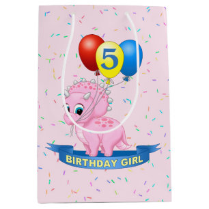 Cute Birthday Girl Pink Baby Triceratops Dino Medium Gift Bag