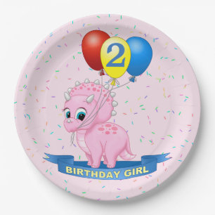 Cute Birthday Girl Pink Baby Triceratops Dino Paper Plate