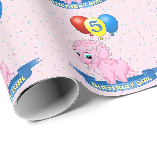 Cute Birthday Girl Pink Baby Triceratops Dino Wrapping Paper (Roll Corner)