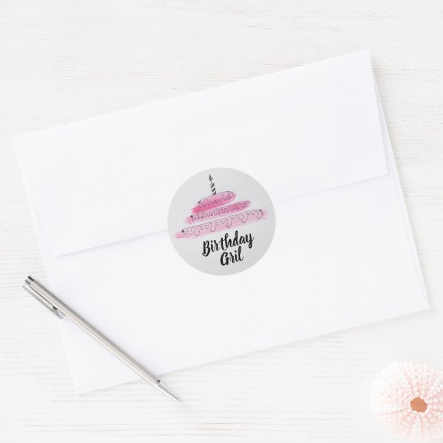 Cute Birthday girl with cake Classic Round Sticker (Envelope)