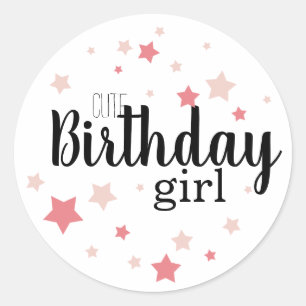 Cute Birthday girl with pink stars Classic Round Sticker