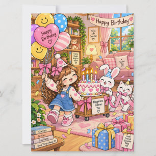 Cute Birthday Greeting Card – Blank Inside – Kawai