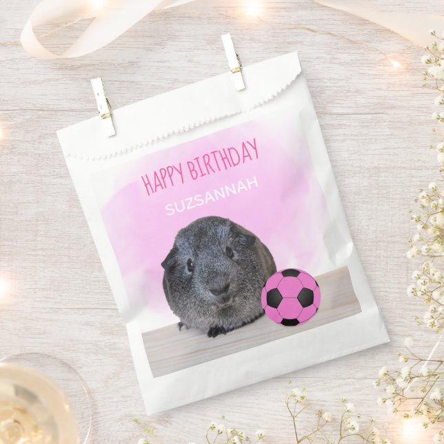 Cute Birthday Guinea Pig Pink & Black Soccer Ball Favour Bags (Clipped)