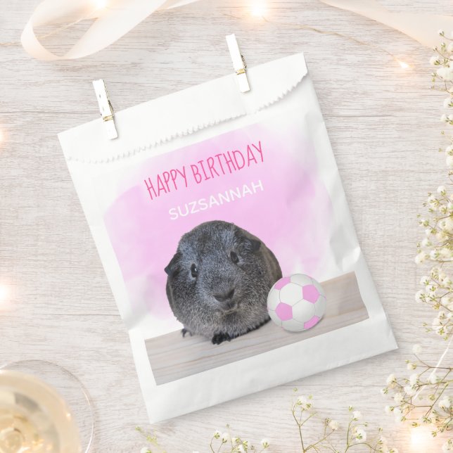 Cute Birthday Guinea Pig Pink & White Soccer Ball Favour Bags (Clipped)