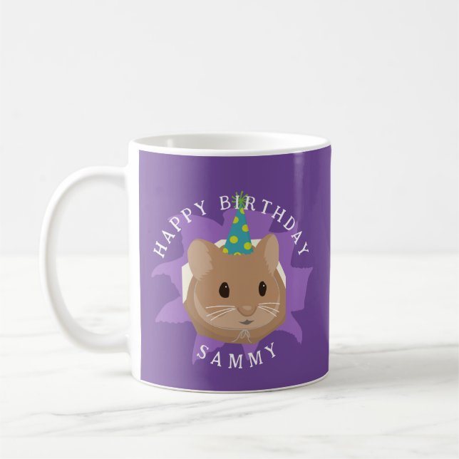 Cute Birthday Hamster peeking through hole Coffee Mug (Left)