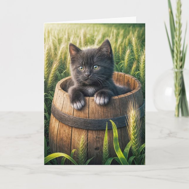Cute Birthday Kitten In a Barrel Card (Front)