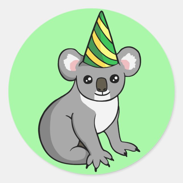 Cute Birthday Koala in Party Hat Drawing Stickers (Front)